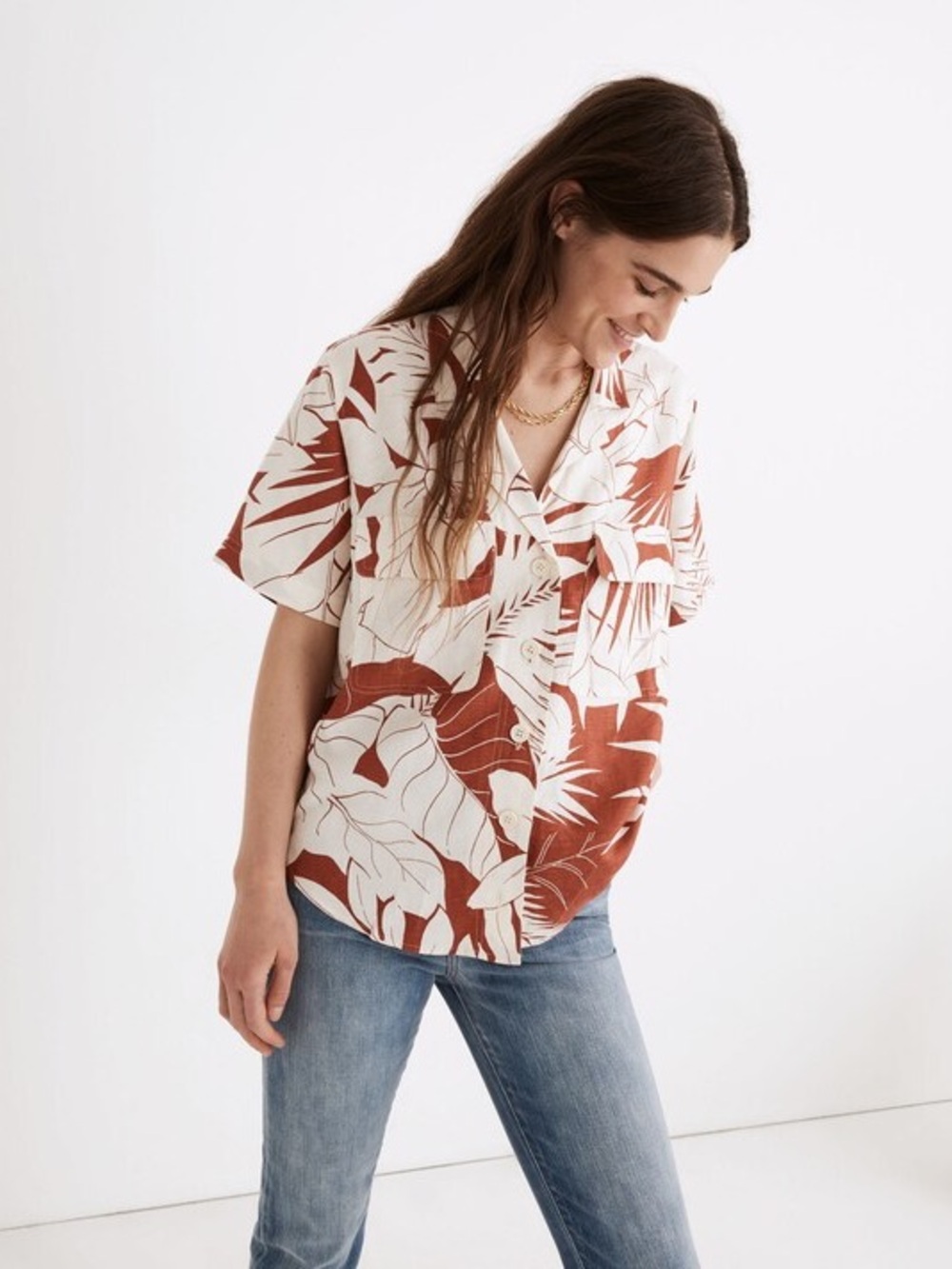 Madewell Linen-Blend Medina Collared Shirt in Tropical Floral Vacation Size M